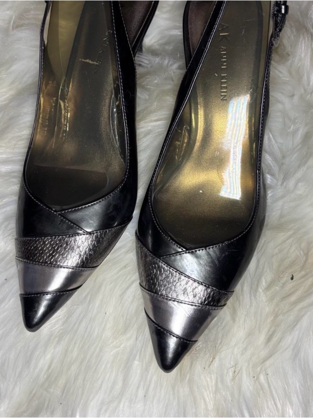 Anne Klein Black and Metallic Silver Pointed Slingback Pumps